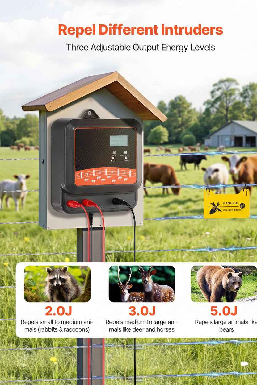 Multi-Powered Electric Fence Charger, 2J/3J/5J, Electric Fence Energizer With Real-Time LED Display, 6.2 Miles Range, AC DC Powerful Fences Charger, Keep Out Wild Animals, For Livestock Poultry
