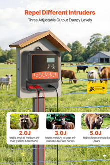 Multi-Powered Electric Fence Charger, 2J/3J/5J, Electric Fence Energizer With Real-Time LED Display, 6.2 Miles Range, AC DC Powerful Fences Charger, Keep Out Wild Animals, For Livestock Poultry
