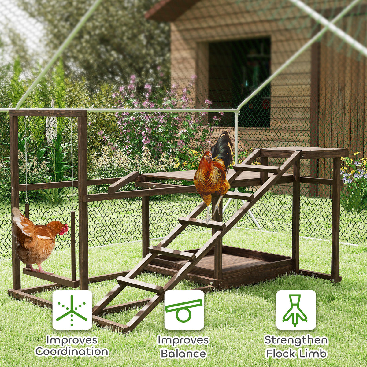 Vetra Pulse Wooden Chicken Activity Play Set with Swing, Ladder & Perch – Coffee