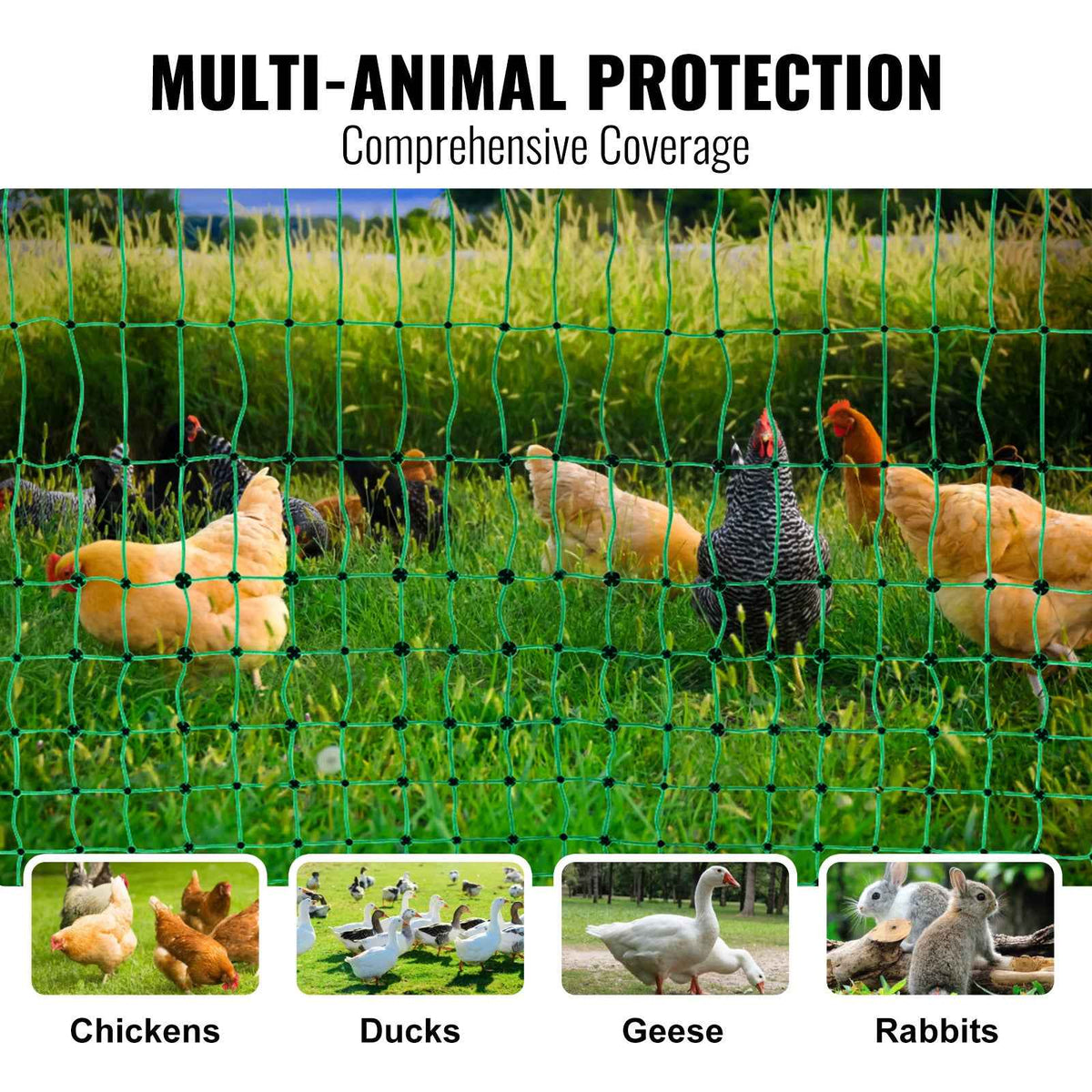 VetraPulse Electric Fence Netting, 48inH X 168in L, PE Net Fencing Kit With Posts & Double-Spiked Stakes, Utility Portable Mesh For Chickens, Ducks, Geese, Rabbits, Used In Backyards, Farms, And Ranches