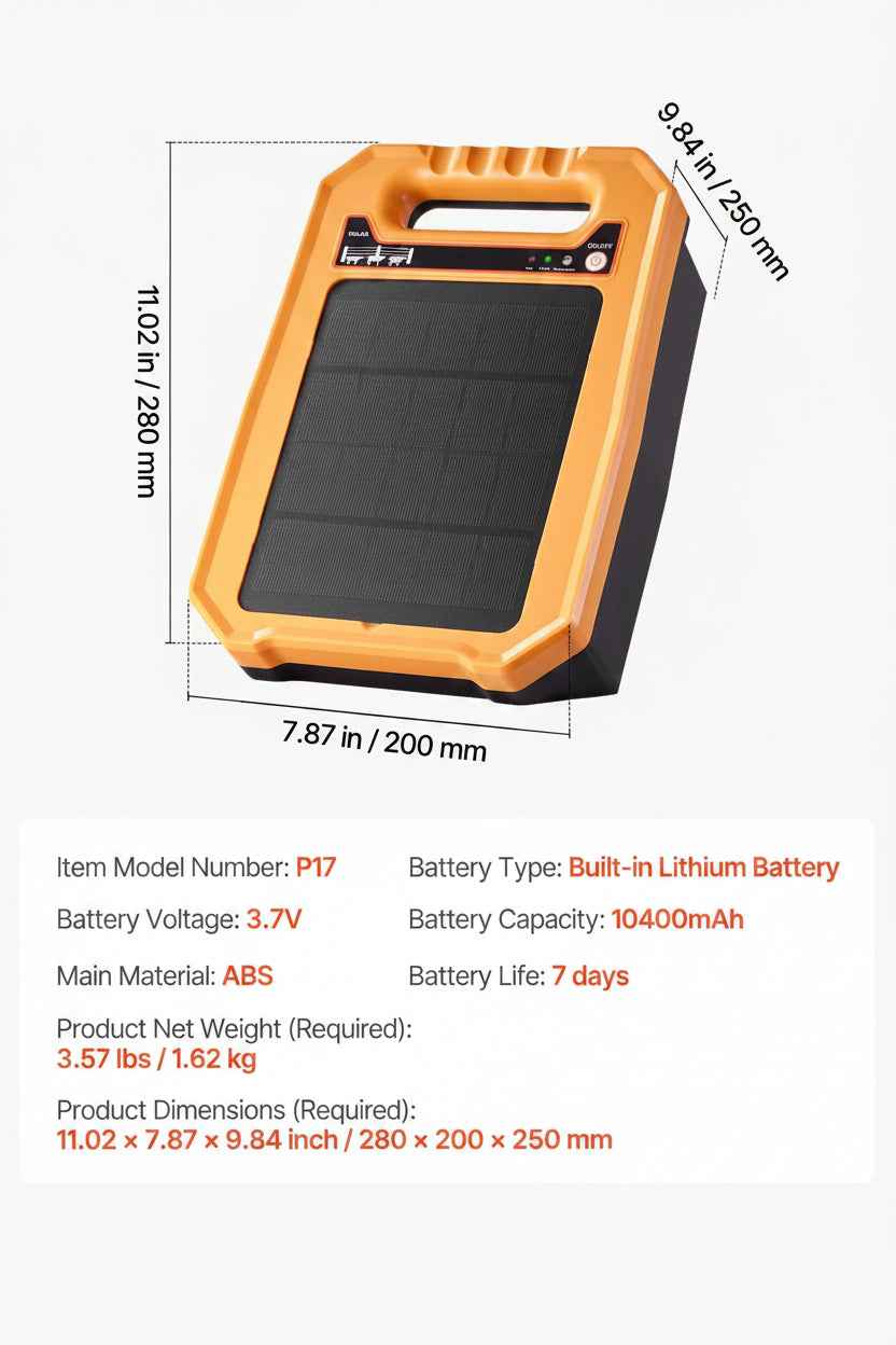 Solar electric fence charger mounted outdoors with integrated panel