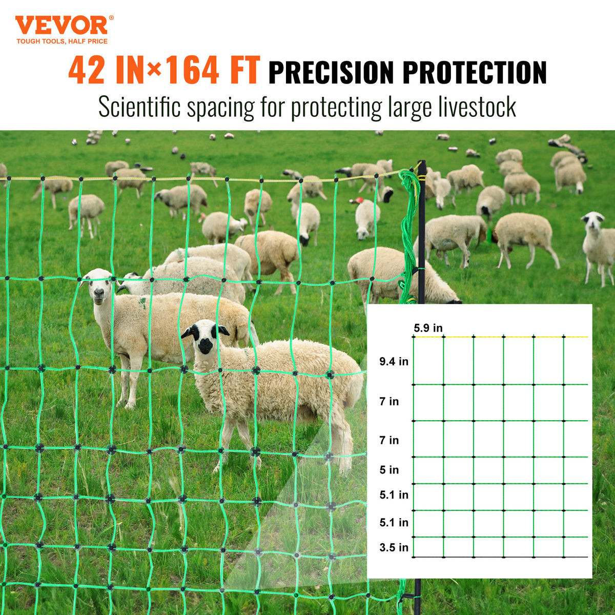 VetraPulse Electric Fence Netting, 42 H X 164L, PE Net Fencing With Posts & Double-Spiked Stakes, Utility Portable Mesh For Goats, Sheep, Lambs, Deer, Hogs, Dogs, Used In Backyards, Farms, And Ranches